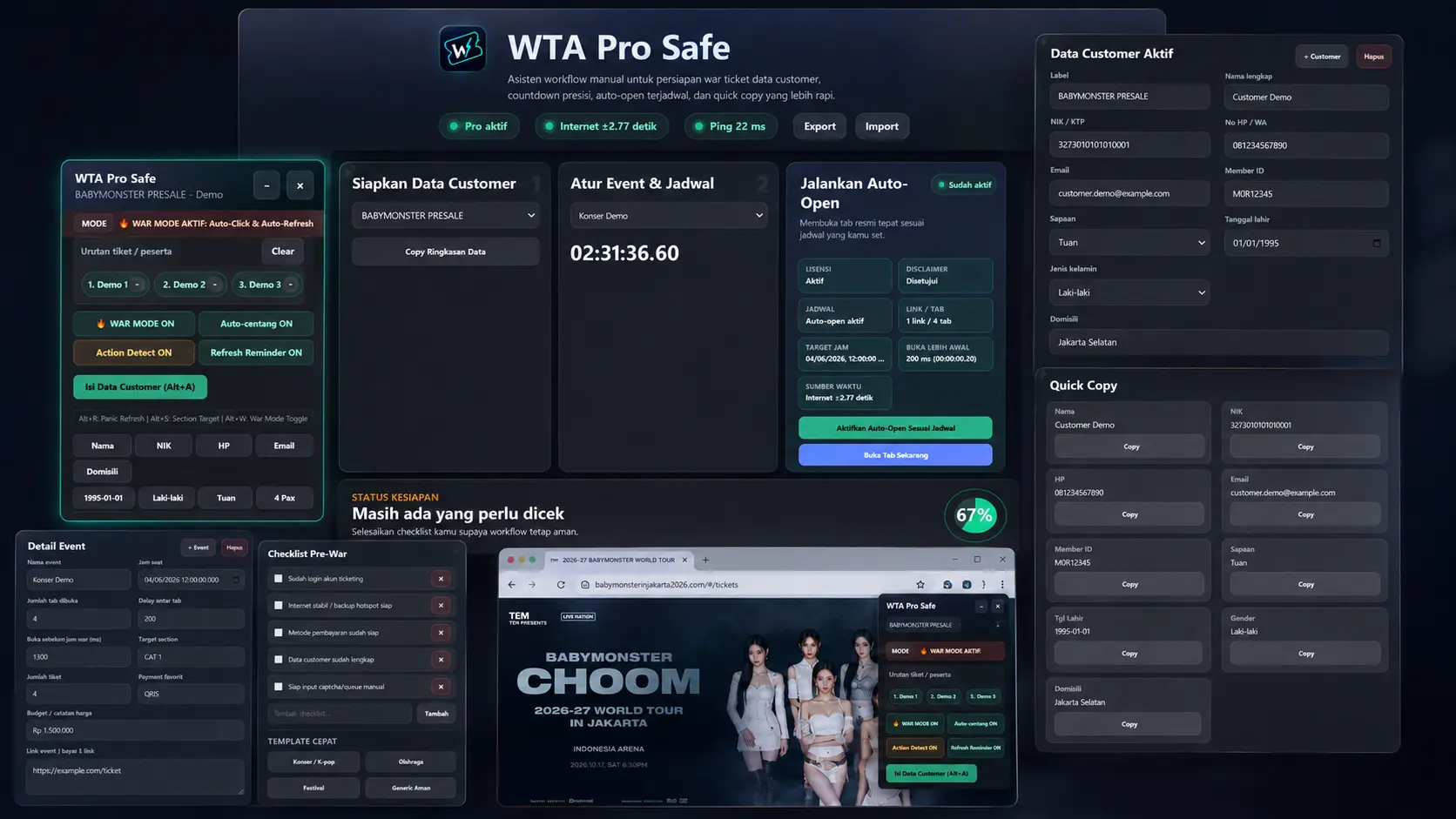 Tampilan dashboard, floating overlay, dan data helper WTA Pro Safe